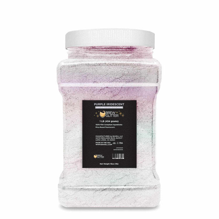 1lb jar of purple iridescent edible Brew Glitter with a holographic finish for drinks.