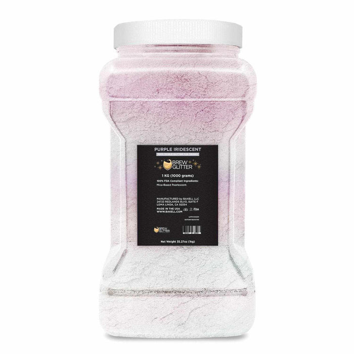 1kg jar of purple iridescent edible Brew Glitter for drinks with a white screw-top lid and black product label.