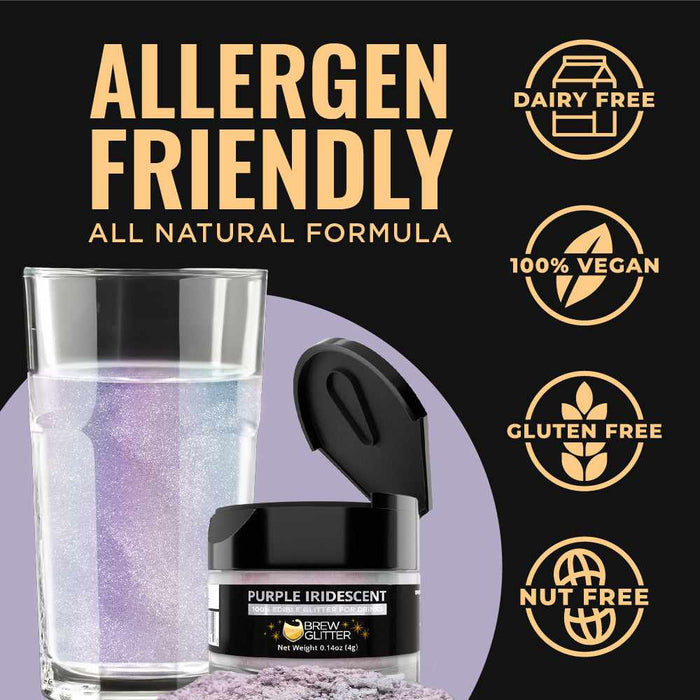 Purple iridescent edible glitter in a jar next to a shimmering purple drink, highlighting allergen-friendly certifications.