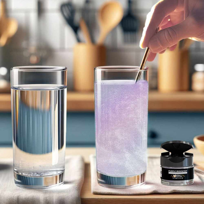 Hand stirring purple iridescent edible glitter into a glass of water next to a jar of Brew Glitter.