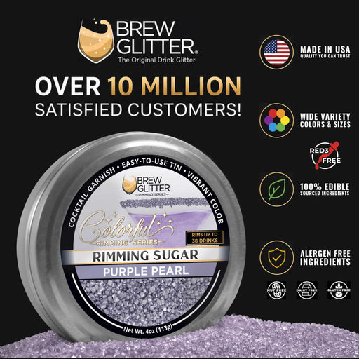 Purple Pearl cocktail rimming sugar in a 4oz metal tin with a label showing a glass rimmed with vibrant purple crystals.