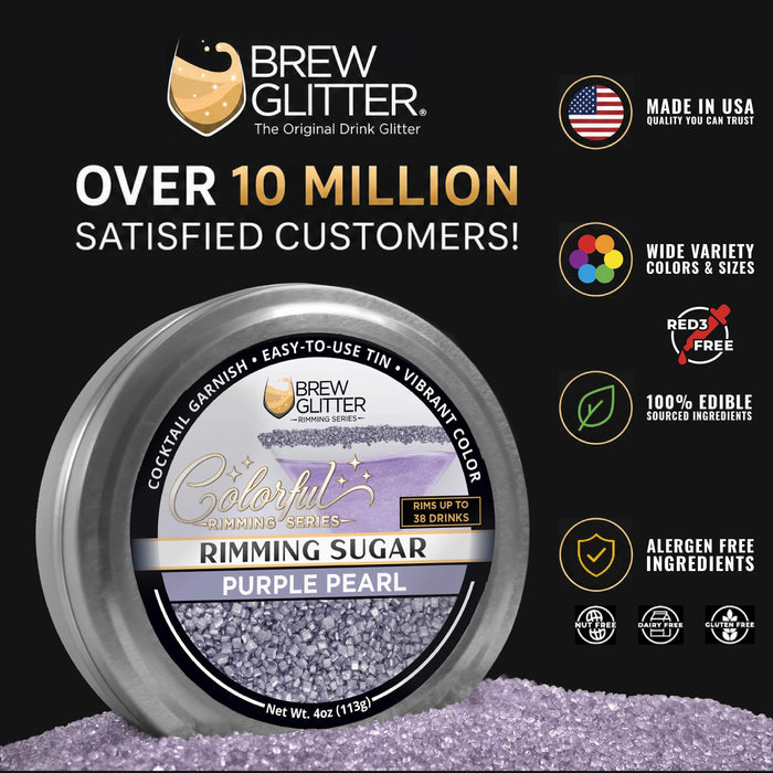 Purple Pearl cocktail rimming sugar in a 4oz metal tin with a label showing a glass rimmed with vibrant purple crystals.
