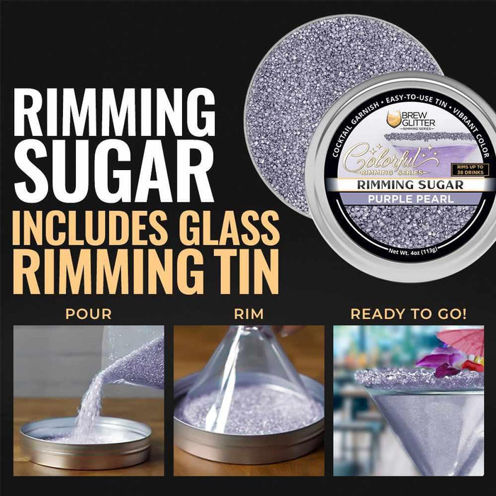 Purple Pearl cocktail rimming sugar in a 4oz tin with instructions for pouring and rimming glasses for a decorative finish.