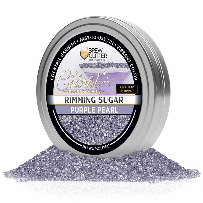 Purple Pearl rimming sugar in a 4oz silver tin with a branded label, featuring coarse, shimmering purple sugar crystals.