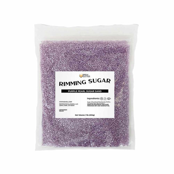 One-pound bag of sparkling purple pearl cocktail rimming sugar with a white product label on a clear plastic pouch.