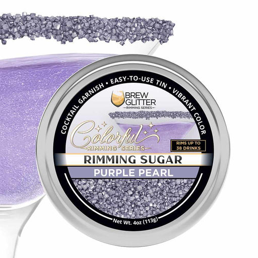 Purple Pearl cocktail rimming sugar in a 4oz tin with a vibrant, shimmering purple sugar garnish on a glass rim.
