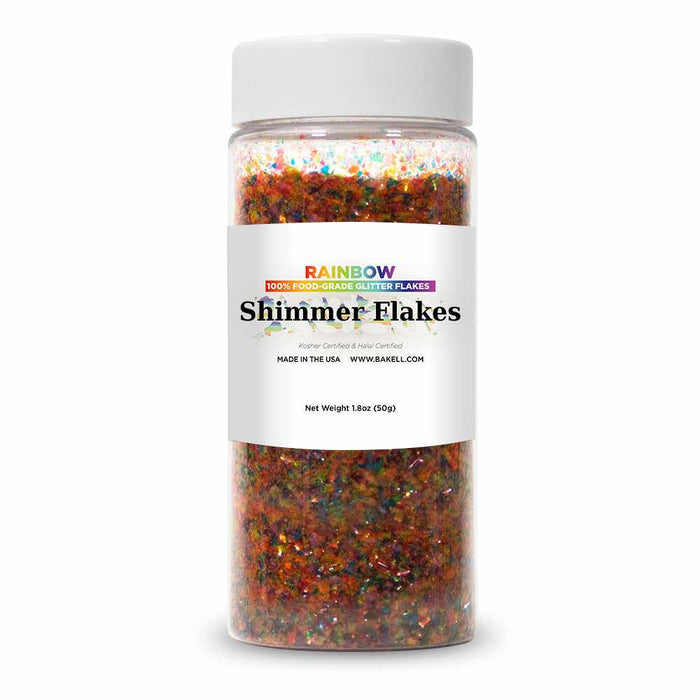 Front View of 50 gram jar of Rainbow Edible Shimmer Flakes | bakell.com