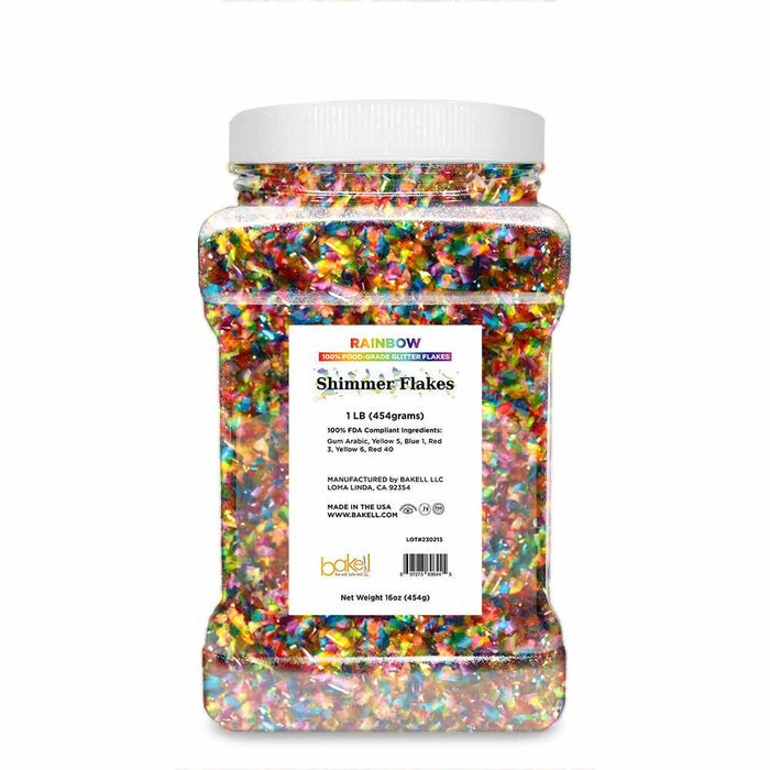 Front view of 1 pound container of Rainbow Edible Shimmer Flakes | bakell.com