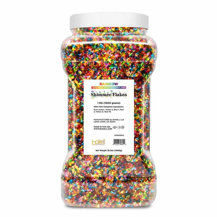 Front View of 1 kilogram jar of Rainbow Edible Shimmer Flakes | bakell.com