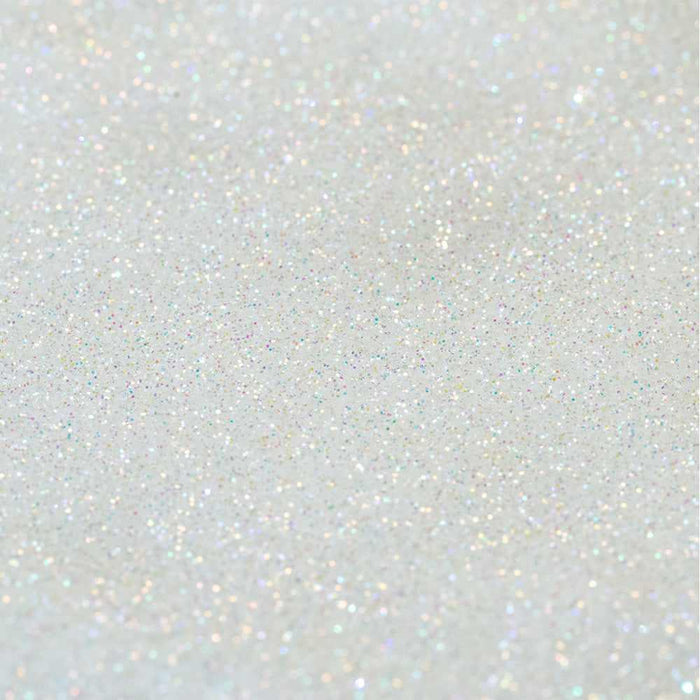 Close-up of Rainbow Pixie Ultrafine Iridescent Craft Glitter Dazzler Dust, sparkling white with subtle opalescent hues.