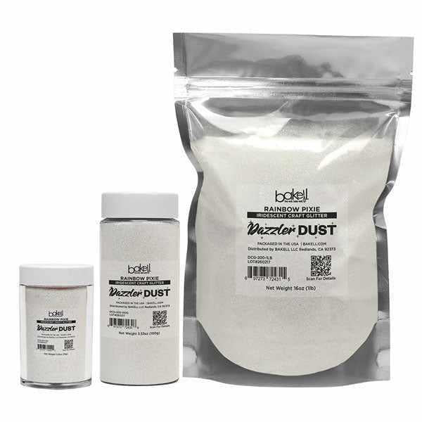 Rainbow Pixie ultrafine iridescent craft glitter in two jars and a 1lb wholesale bag.