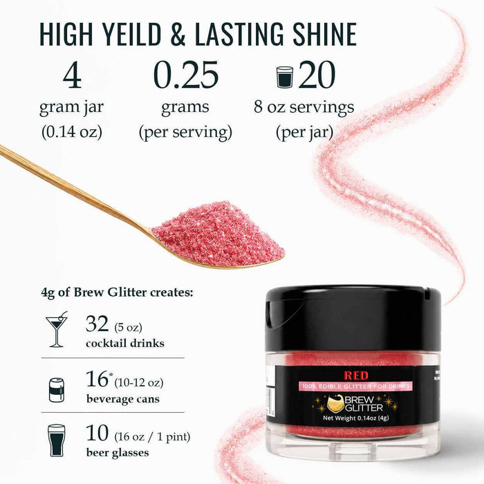 Red Brew Glitter 4g jar with a gold spoon showing serving yield statistics for cocktails, cans, and beer glasses.