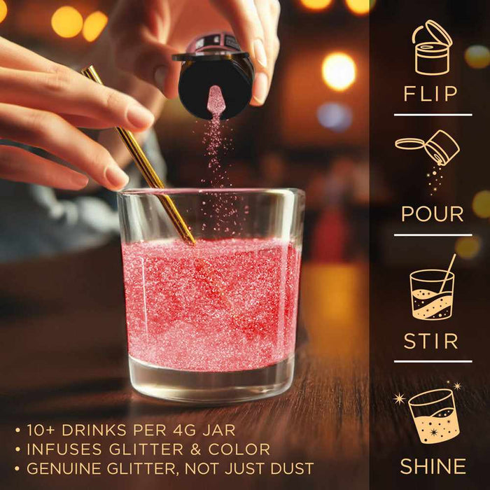 Hand pouring red Brew Glitter into a glass of liquid with a gold stirring straw and instructional icons.