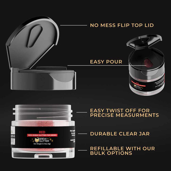 Red Brew Glitter in a 4g clear jar with a no-mess flip-top lid and easy-pour design for drinks.