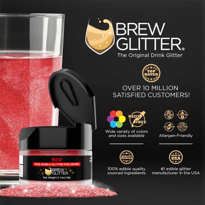 Red Brew Glitter jar, 0.14oz (4g), next to a glass of red sparkling drink.
