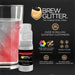 Red color-changing Brew Glitter mini spray pump next to a glass of sparkling red drink.