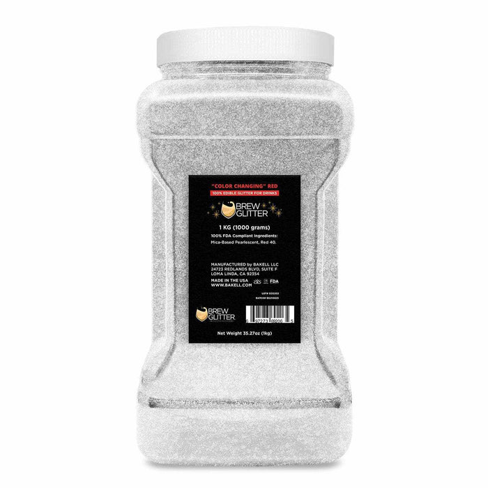 1kg container of Red Color Changing Brew Glitter, appearing white in powder form.