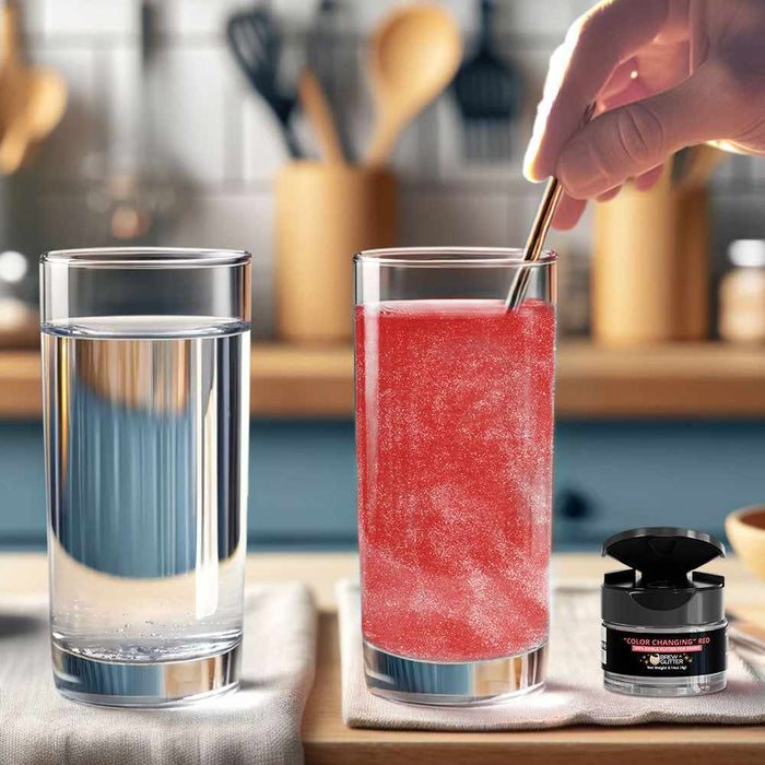 Hand stirring red color-changing brew glitter into a glass of water, next to a clear water glass and glitter jar.