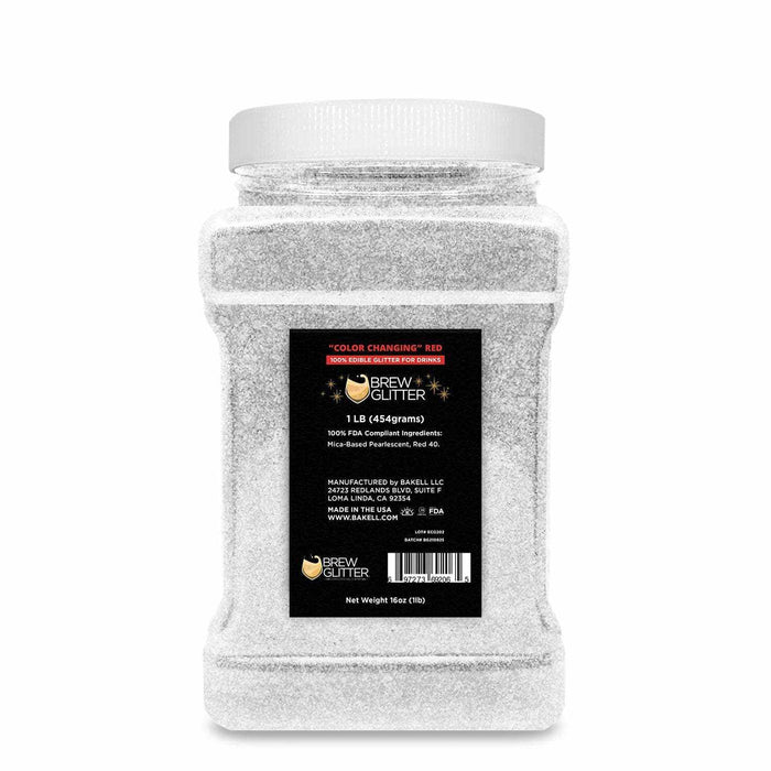 1 lb bulk container of "Color Changing" Red Brew Glitter, a white edible powder for drinks.