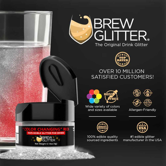 Red Color Changing Brew Glitter next to a glass of water, showing its color-changing effect.