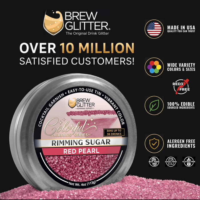 Red Pearl cocktail rimming sugar in a 4oz tin with vibrant red crystals and informative product feature icons.