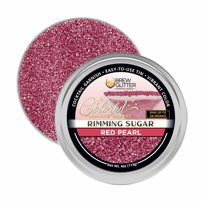Open tin of sparkling red pearl cocktail rimming sugar with a branded label and 4oz net weight.