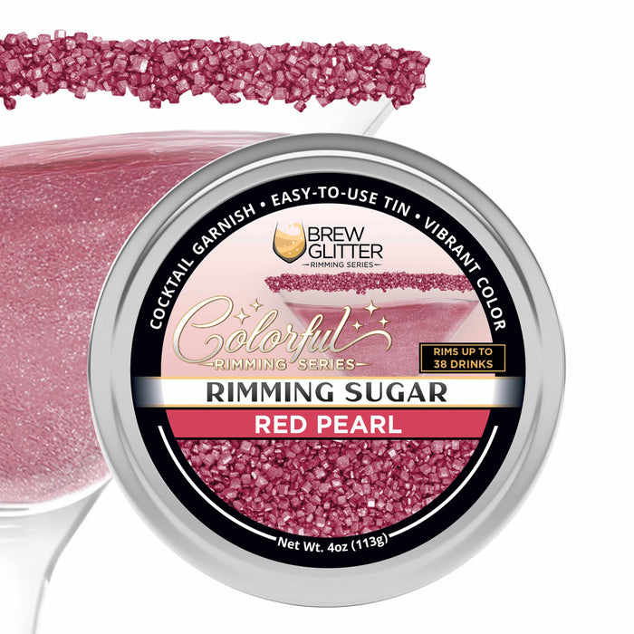 Red Pearl cocktail rimming sugar in a 4oz tin, featuring vibrant red sugar crystals for garnishing drink glasses.