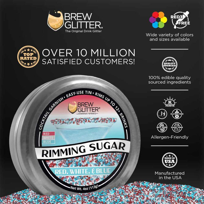 Brew Glitter Red, White & Blue Rimming Sugar in a round tin, surrounded by loose patriotic sugar.