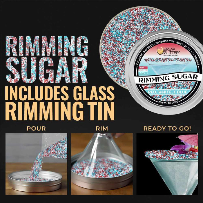 Red, white, and blue rimming sugar in a metal tin, with steps showing how to pour, rim, and create a festive cocktail.