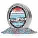 Silver tin of Brew Glitter Red, White & Blue Rimming Sugar, surrounded by a pile of the patriotic sugar crystals.
