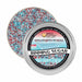 Red, white, and blue cocktail rimming sugar in a round metal tin, open to show the vibrant sprinkles.