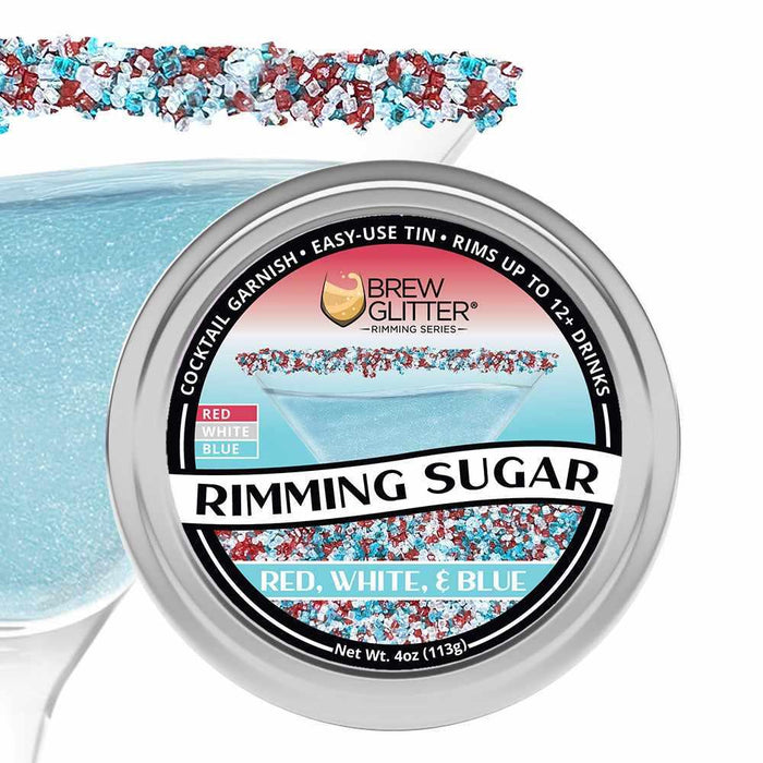 Red, White & Blue Rimming Sugar in a 4oz tin, with a cocktail glass rimmed with the sugar.