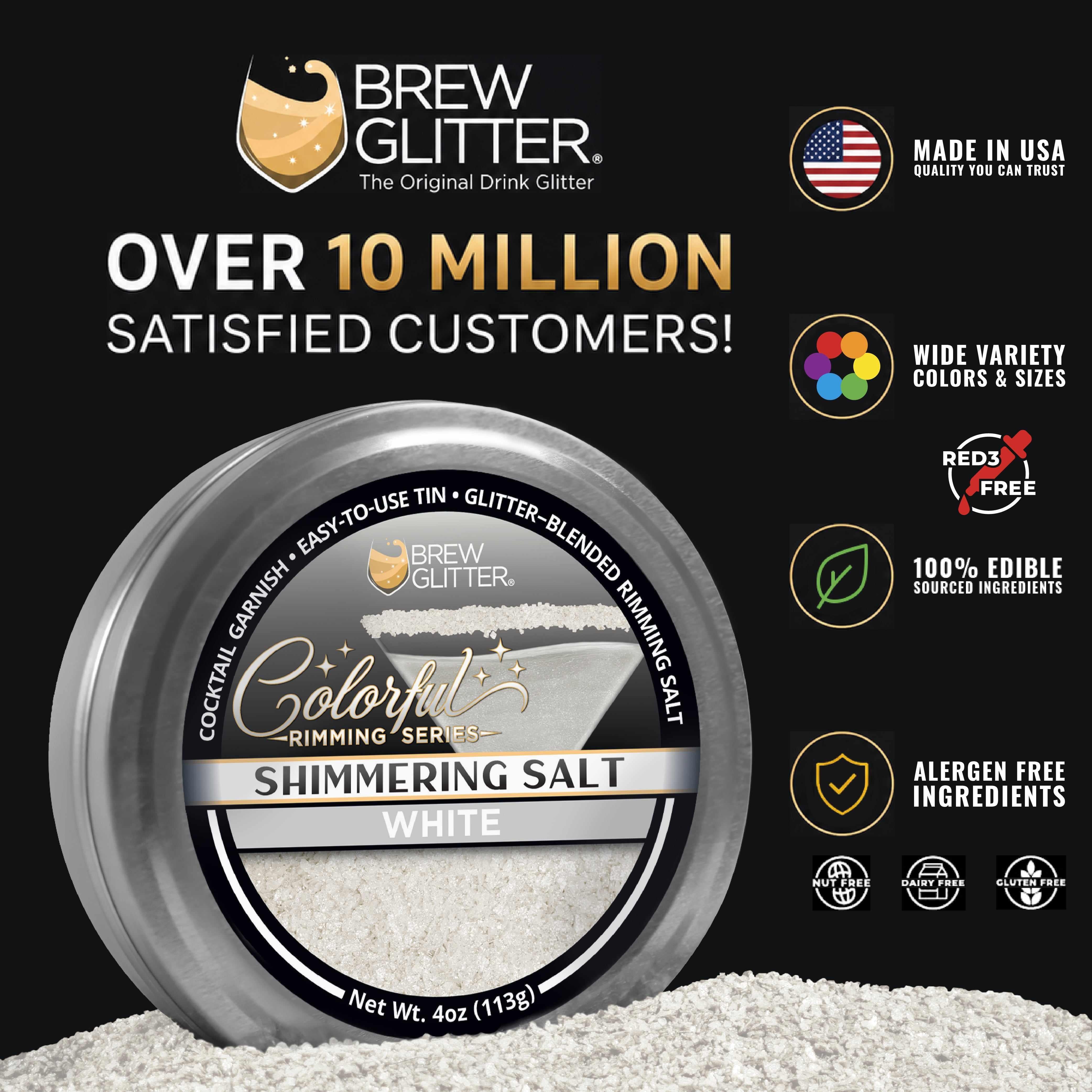 Round 4oz tin of white shimmering cocktail rimming salt with Brew Glitter branding on a black background.