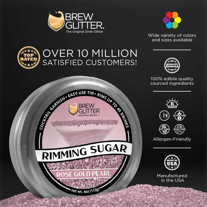 Brew Glitter Rose Gold Pearl Rimming Sugar in a silver tin, perfect for cocktail garnishes.