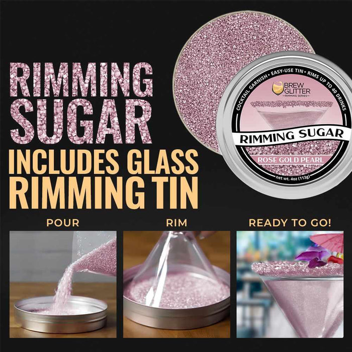 Rose gold pearl rimming sugar in a tin, shown being poured, rimming a glass, and on a finished cocktail.