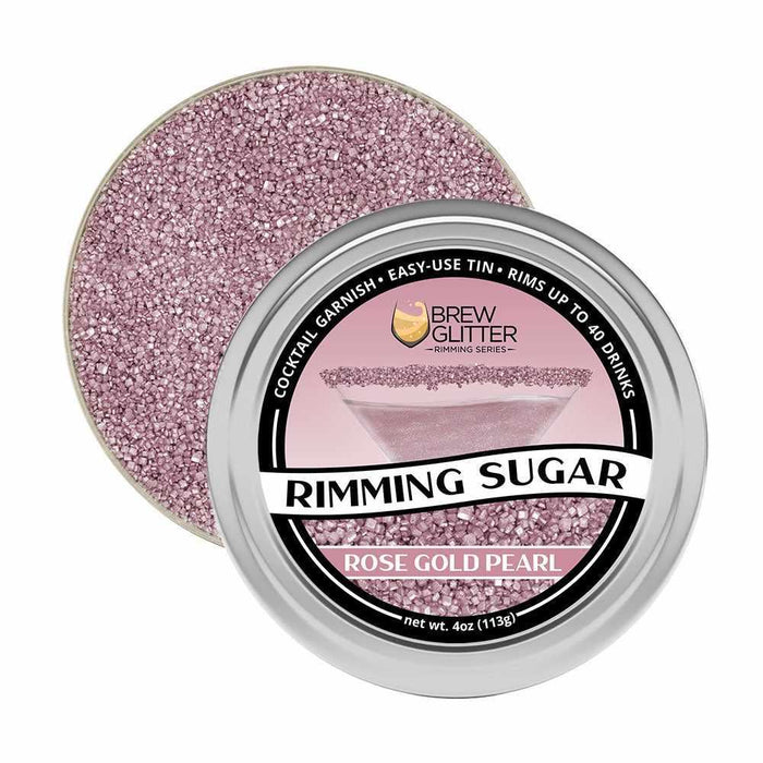 Rose Gold Pearl Rimming Sugar in an easy-use tin, 4oz, for up to 40 cocktail garnishes.