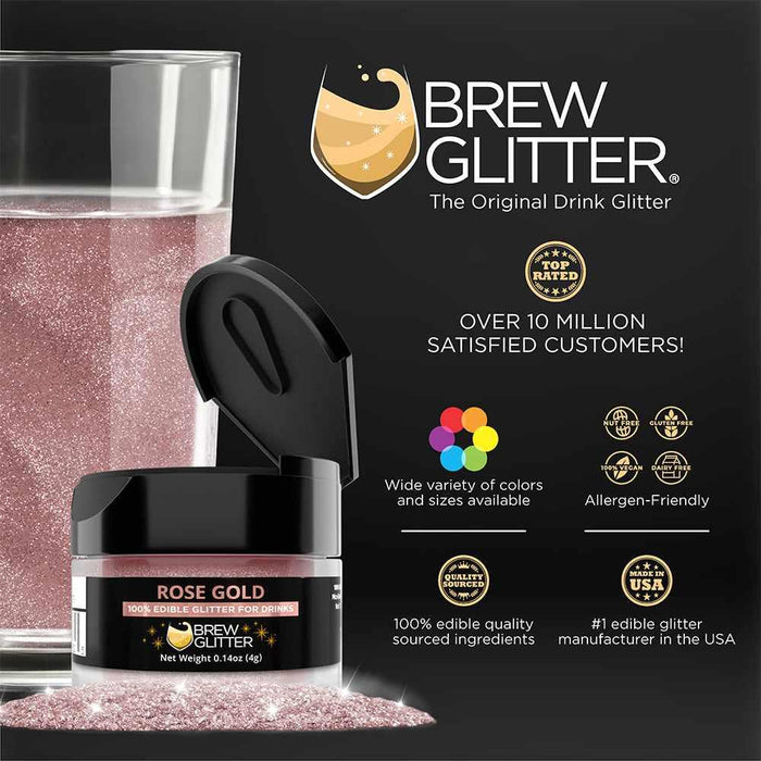 Rose Gold Brew Glitter, a small black jar of edible drink glitter next to a glass of pink sparkling liquid.