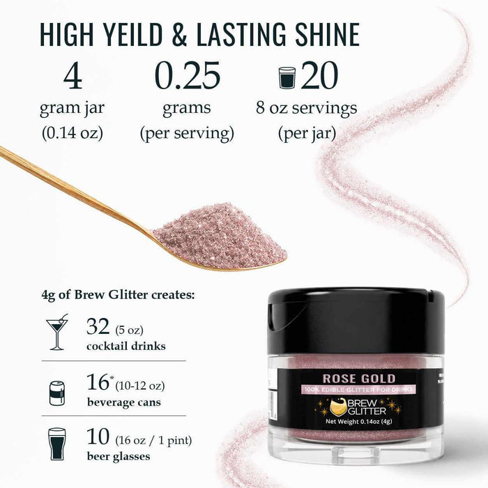 Rose gold edible glitter in a spoon with a 4g jar, showing serving yields for cocktails, cans, and beer glasses.