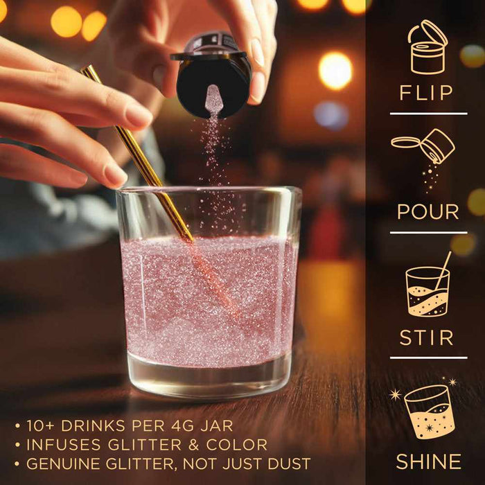 Rose gold edible glitter being poured from a 4g jar into a glass of sparkling cocktail with a gold straw.