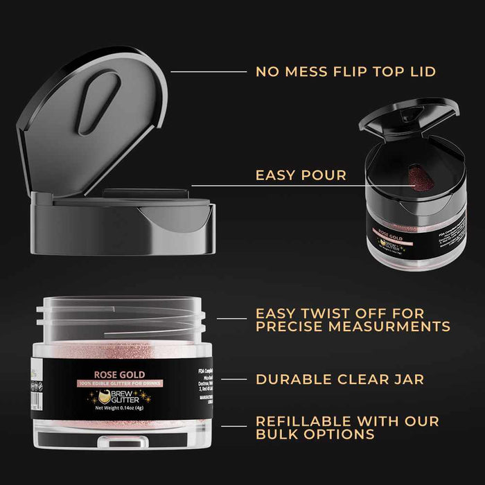 Rose gold edible glitter in a clear 4g jar with a black flip-top lid and easy-pour design features.