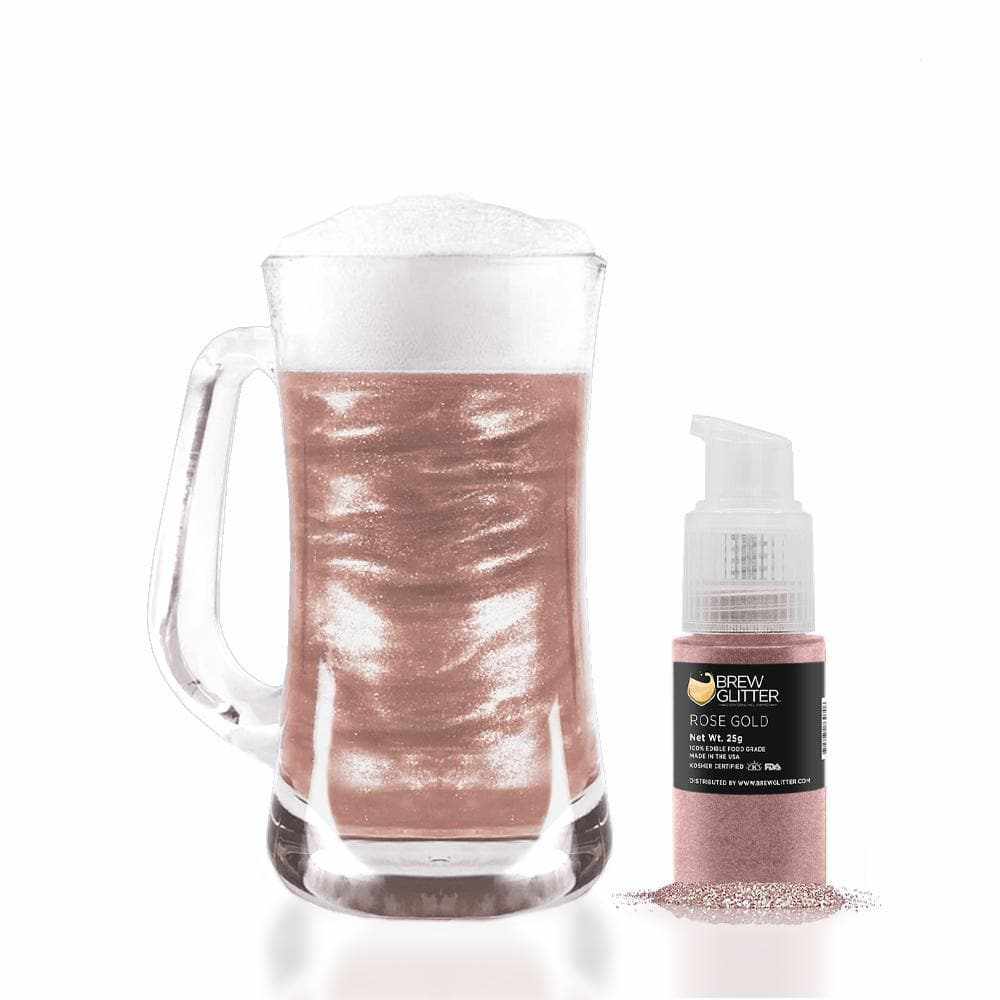 Rose gold edible glitter spray pump next to a shimmering beer mug.
