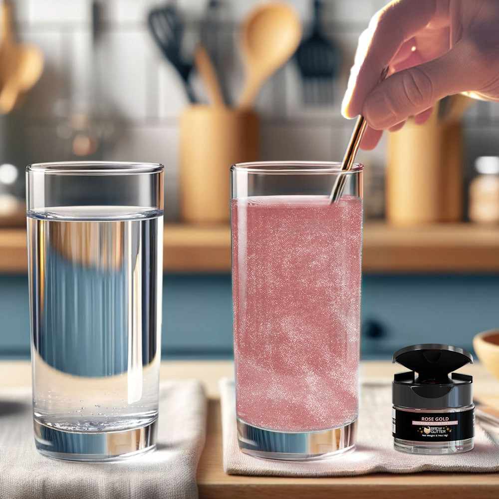 Rose gold edible glitter spray pump next to a shimmering pink drink and clear water glass.