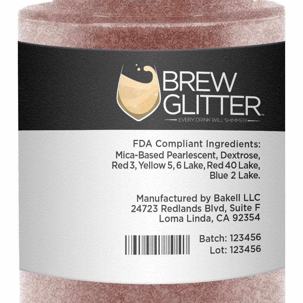 Rose gold Brew Glitter edible spray pump with ingredients and barcode on a black and white label.
