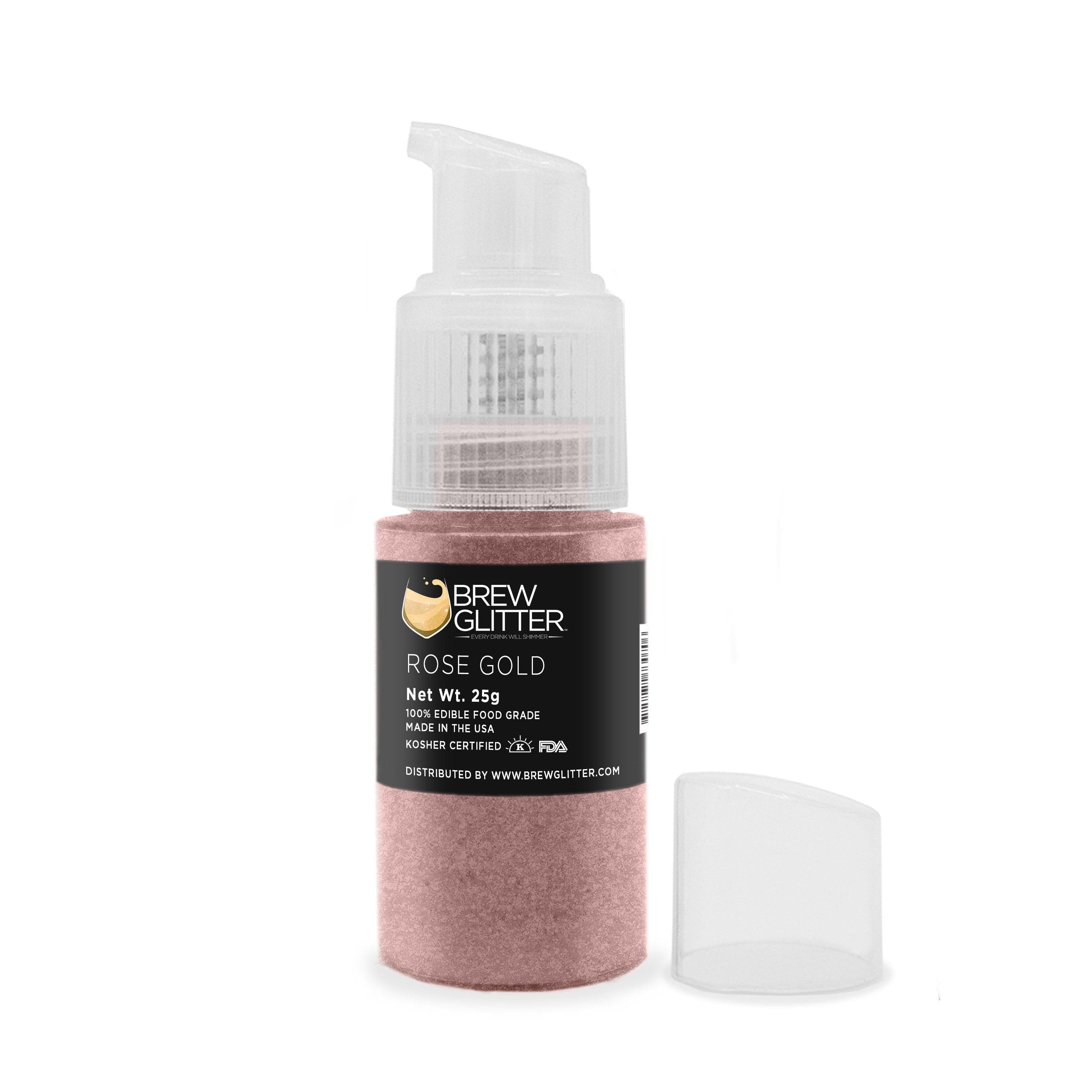 Rose gold edible glitter spray pump by Brew Glitter, 25g, with a clear cap.