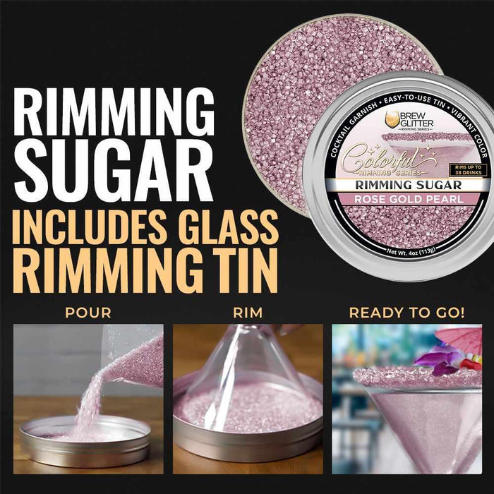 Rose Gold Pearl cocktail rimming sugar in a 4oz tin with instructions for pouring and rimming glass edges.