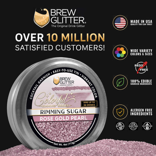 Tin of Rose Gold Pearl cocktail rimming sugar with a clear lid, showing sparkling pink sugar crystals for drink garnishing.
