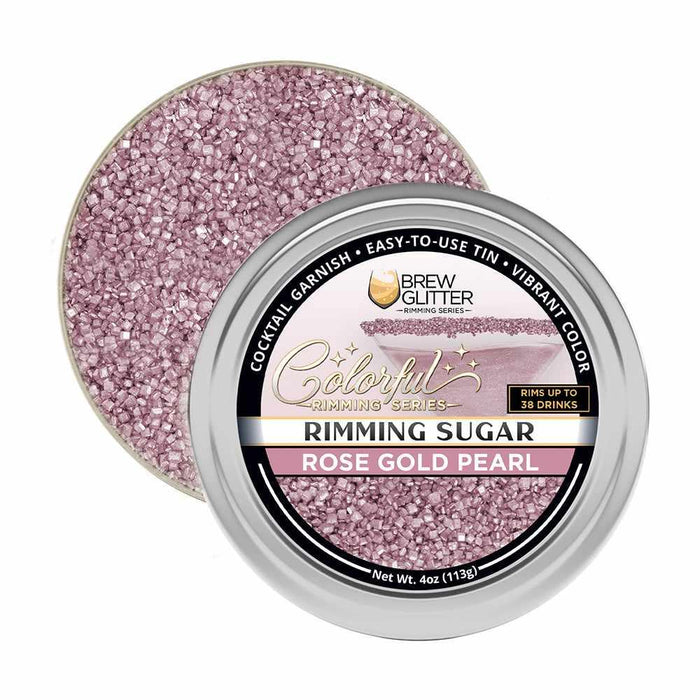 Rose Gold Pearl cocktail rimming sugar in a 4oz tin with a branded label for garnishing drinks.