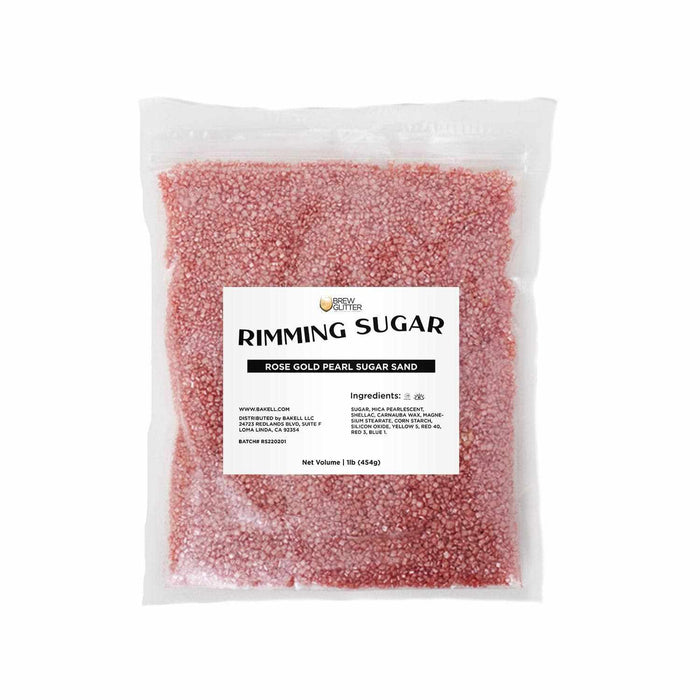 One-pound bag of shimmering rose gold pearl cocktail rimming sugar with a white product label.