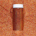 Rose gold ultrafine holographic craft glitter in a clear jar with a white lid, on a matching glitter background.