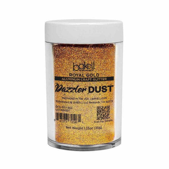 Royal Gold Dazzler Dust ultrafine aluminum craft glitter in a 75g clear jar with white lid.